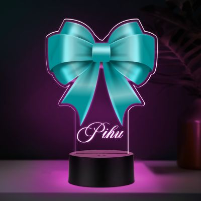 Personalized Turquoise Bow Theme LED Night Light Lamp Custom with Name Girls Room Decor Birthday Gift for Girls Return Gift for Girl Multicolored Light & USB Powered